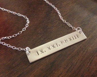 Roman Numeral Necklace Personalized Monogram Charm Gold Filled Chain Sterling Silver Bar Necklace Gift Weddings Handmade Jewelry  Jewellery