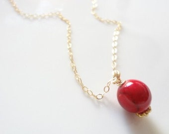 Red Coral Necklace, Gold Filled Chain, Dainty, Minimalist, Bridal, Weddings, Bridesmaids, Handmade jewelry