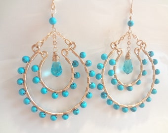 Gold Earrings, Turquoise, Aquamarine Crystals,  Wire Wrapped, 14K Gold Filled Large Chandelier Earrings, Fashion, Trendy, Handmade Jewelry