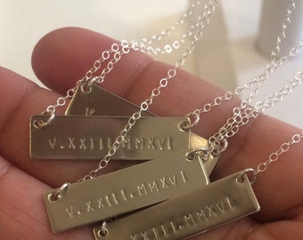 Roman Numeral Necklace, Personalized, Monogram, Gold Chain, Birth Date, Sterling Silver Bar, Wedding Jewelry, Mom Jewelry, Gift For Her