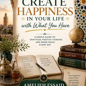 May include: A book cover titled How to Create Happiness in Your Life with What You Have by Amelieh Essaid. The design features a globe, a stack of books, a teapot with tea, and an open notebook with handwritten gratitude notes on a table.