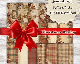 May include: A collection of journal pages with a Christmas baking theme, featuring gingerbread men and plaid patterns. The pages are tied with a large red ribbon and bow. The text on the image reads "Journal pages 8.5" x 11" + A4 Digital Download" and "Christmas Baking".