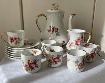 Juego de té y café de porcelana antigua de Limoges con motivos florales, juego de porcelana William Guérin.