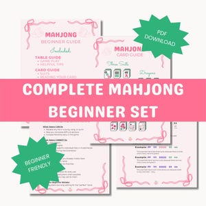 Peut inclure: Un ensemble complet pour débutants au Mahjong avec une bannière rose indiquant "COMPLETE MAHJONG BEGINNER SET". L'ensemble comprend un guide du débutant et un guide des cartes. L'image a un éclaté vert "PDF DOWNLOAD" et "BEGINNER FRIENDLY".