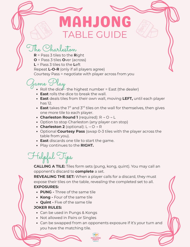 May include: A pink and white Mahjong table guide with text explaining gameplay, rules, and helpful tips. The guide includes sections on The Charleston, Game Play, Helpful Tips, and Joker Rules. The words "MAHJONG TABLE GUIDE" are at the top.