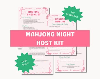 以下が含まれることがあります： 「MAHJONG NIGHT HOST KIT」と書かれたピンク色のバナーが付いた、麻雀ナイトホストキット。麻雀の夜を主催するためのチェックリストとタイムラインが含まれています。「PDF DOWNLOAD」と「HOST READY」の文字も表示されています。
