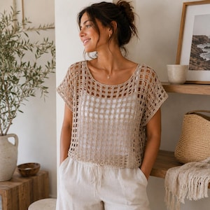 Coastal Breeze Mesh Boxy Top Crochet Pattern Pdf, Oversized Summer Mesh Top, Beginner Crochet Pattern, 6 Languages