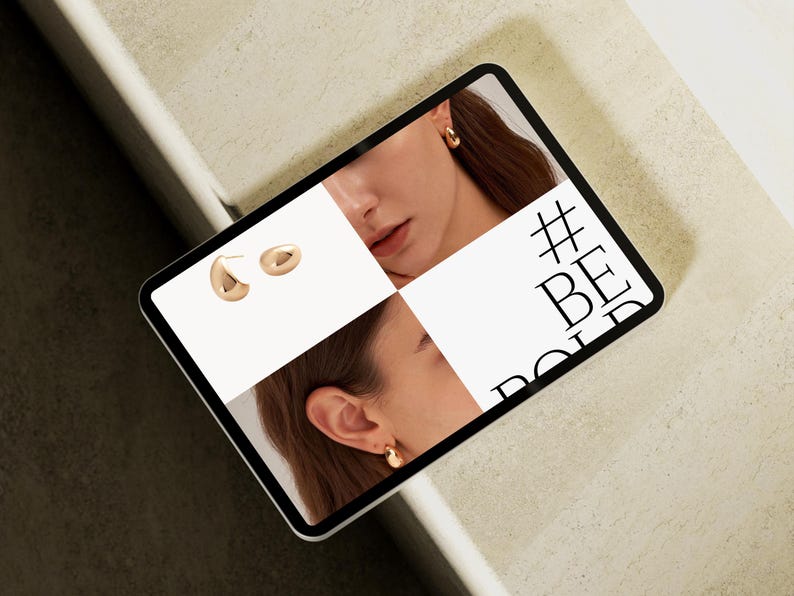 Puede incluir: Una tableta digital muestra pendientes dorados y el texto "#BE BOLD". Los pendientes se muestran en una cuadr&iacute;cula con im&aacute;genes de una persona que los lleva puestos. Los pendientes tienen un dise&ntilde;o liso y redondeado.