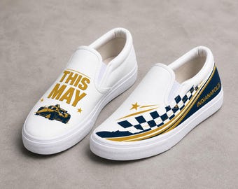 Indy 500 Shoes “This Is May” Slip Ons | Racing Sneakers | Indianapolis Race Day Outfit | Checkered Flag Shoes | Motorsport Gift