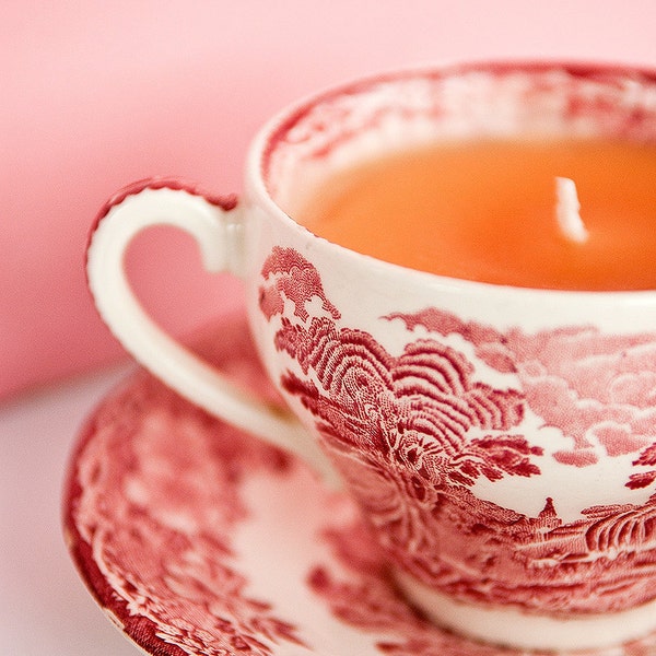 Enoch Wedgewood woodland red, pink and white teacup candle and saucer. tea cup