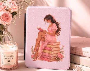 Romantic Reader Kindle Case | Pink Bookish Illustration Cover