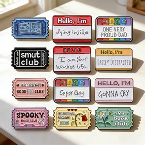 Funny Enamel Pins Bulk, Hello I'm Name Tag & Book Club Lapel Pins Set, Sarcastic Humor Brooch for Backpack Jacket, Gift for Friends