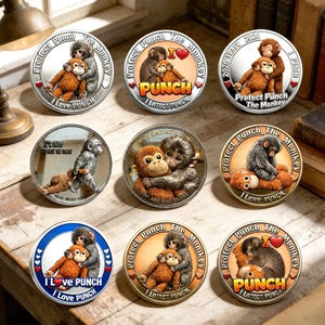 May include: A collection of round coins featuring monkey illustrations. The coins have text that reads "Protect Punch The Monkey" and "I Love Punch". The coins have a silver and gold finish with various monkey designs.