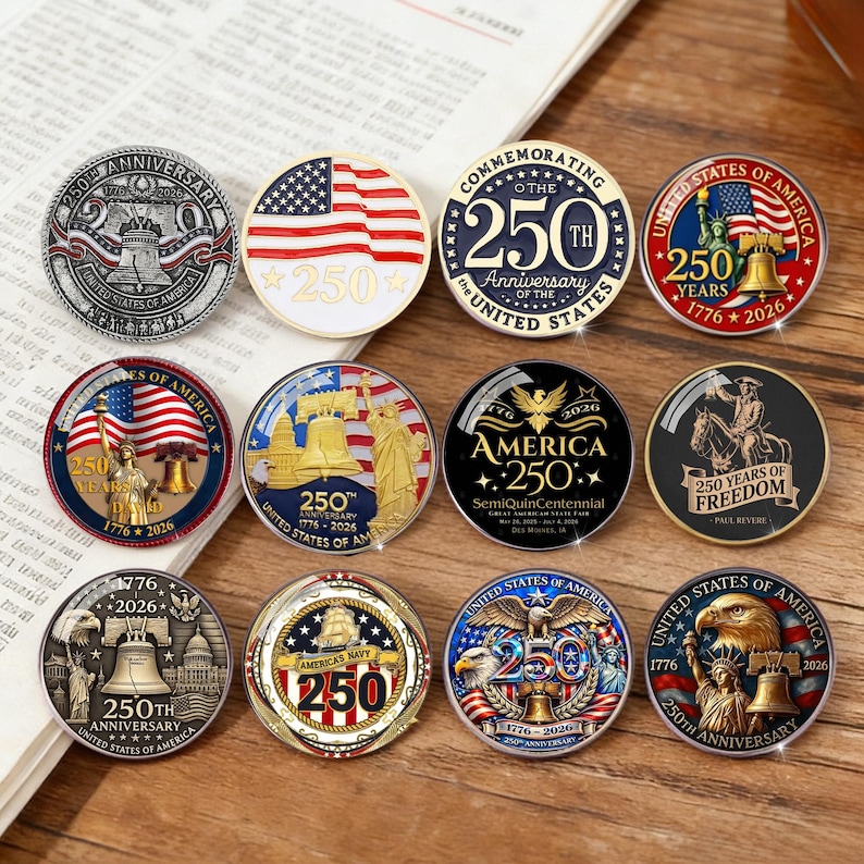 May include: A collection of commemorative coins celebrating the 250th anniversary of the United States. The coins feature patriotic designs with the American flag, historical figures, and iconic landmarks. The coins are round and have various colors.