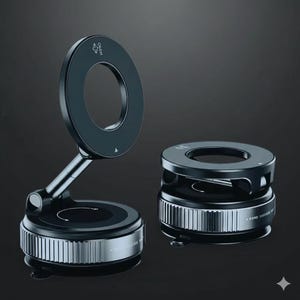 May include: Two black and silver car phone mounts. One mount is upright with an adjustable arm and a circular phone holder. The other mount is compact and circular. Both have a silver base with vertical lines.