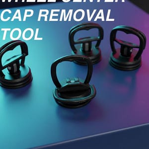 May include: Black wheel center cap removal tools with a handle. The tools are on a blue surface with the text "WHEEL CENTER CAP REMOVAL TOOL" in white.