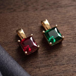 14K Solid Gold Ruby Emerald Pendant | Lab Grown Gemstone Necklace | Tiny Square Birthstone Charm | Dainty Solid Gold Charm | Gift for Her