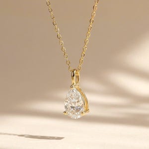 18K Solid Gold Pear Diamond Pendant Necklace | 0.30–2.0 CT | Lab Diamond Pendant | Teardrop Diamond | Solitaire Diamond Necklace Gift image 1