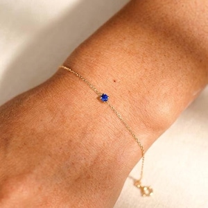 18K Solid Gold Natürlicher Saphir Armband | Zierliches Blaues Edelstein Armband | Minimalistisches feines Schmuck Geschenk | Verstellbare 15-17 cm Kette