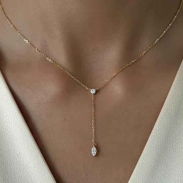 Collar en Y de oro de 14 quilates con forma de diamante marquesa / Empaque de regalo / Collar tipo lariat delicado / Collar con colgante minimalista / Regalo de novia / Regalo para el Día de la Madre