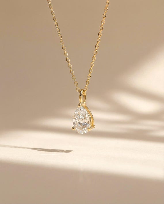 18K Solid Gold Pear Diamond Pendant Necklace | 0.30–2.0 CT | Lab Diamond Pendant | Teardrop Diamond | Solitaire Diamond Necklace Gift