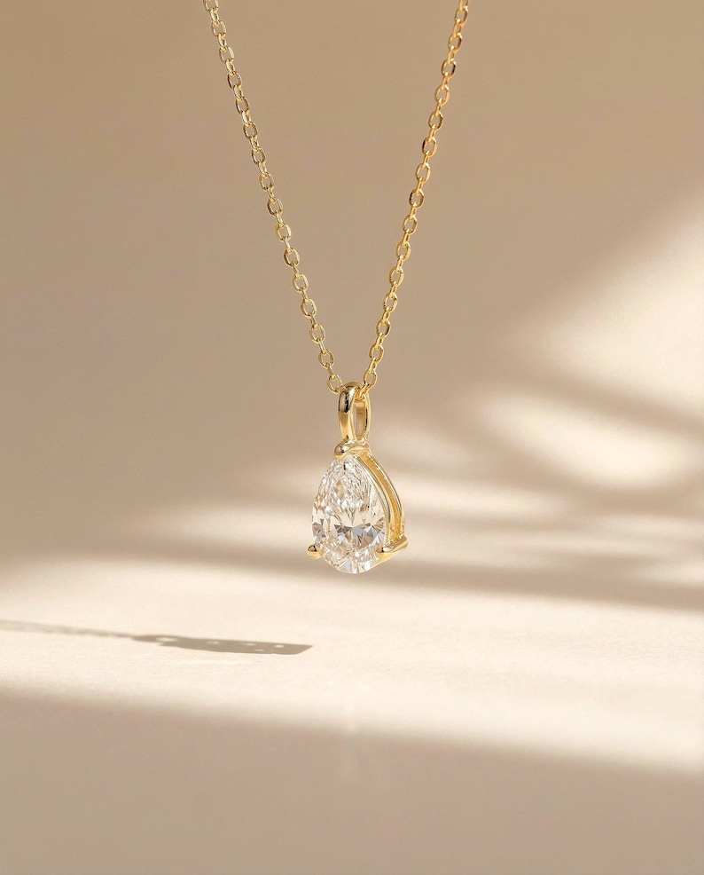 18K Solid Gold Pear Diamond Pendant Necklace | 0.30–2.0 CT | Lab Diamond Pendant | Teardrop Diamond | Solitaire Diamond Necklace Gift image 1