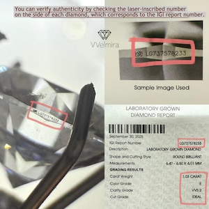 May include: A diamond with the laser-inscribed number LG737578233, shown with a laboratory-grown diamond report. The report details a 1.03-carat round brilliant diamond with measurements of 6.47-6.50 x 4.01 mm. The diamond's color grade is E, clarity VVS2, and cut grade IDEAL.