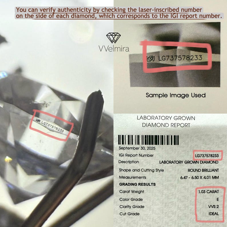 May include: A diamond with the laser-inscribed number LG737578233, shown with a laboratory-grown diamond report. The report details a 1.03-carat round brilliant diamond with measurements of 6.47-6.50 x 4.01 mm. The diamond's color grade is E, clarity VVS2, and cut grade IDEAL.