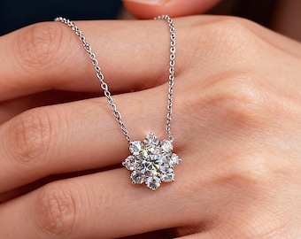 18K Solid Gold Lab Diamond Sunflower Cluster Necklace, 0.9ct / 1.2ct / 2.4ct Floral Solitaire Necklace • D VS+, Gift For her ,christmas gift