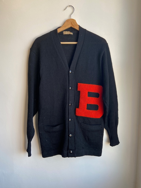 60s Black Varsity Cardigan Knit Sweater Medium