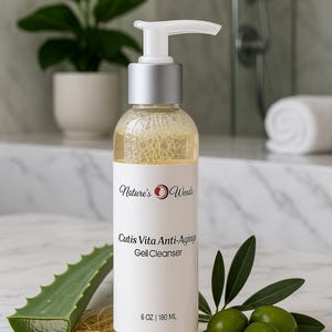 May include: A clear bottle of Cutis Vita Anti-Aging Gel Cleanser with a white label and silver pump. The bottle is 180 ml. The image includes aloe vera, green olives, and a plant in a white pot.