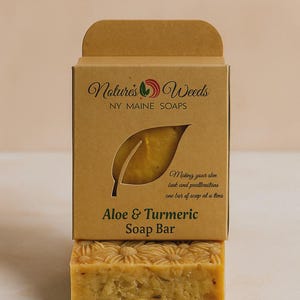 Può includere: Una saponetta Aloe & Turmeric è posta sotto la sua scatola di cartone. La scatola è color marrone chiaro con un ritaglio a forma di foglia e la scritta "Nature's Weeds NY Maine Soaps". Il sapone è di colore giallo chiaro e ha una superficie strutturata.