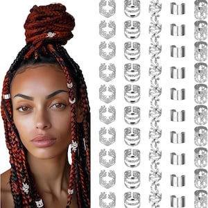 May include: A person with braided hair, styled with silver hair cuffs and rings. The image also shows various silver hair accessories, including leaf-shaped and open-ended designs, ideal for adding flair to braids or locs.