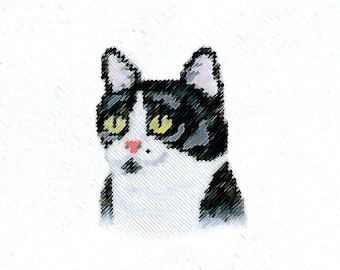 Könnte beinhalten: Digitale Illustration einer Katze mit schwarz-weißem Fell, gelben Augen und einer rosa Nase. Die Katze blickt leicht zur Seite vor einem weißen Hintergrund. Das Kunstwerk hat ein strukturiertes, skizziertes Aussehen.