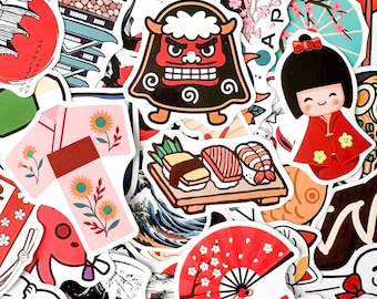 Pack of 50 Japanese Stickers, Traditional Japan Stickers, Lucky Cat Stickers, Waterproof Culture Icon Stickers for Scrapbook,Suitcase,Laptop