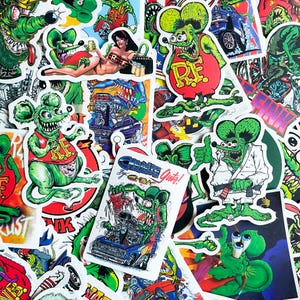 Paquete de 50 pegatinas de Hot Rod, pegatinas de Rat-Fink, pegatinas de carreras vintage, pegatinas de coches de dibujos animados, pegatinas impermeables para casco y caja de herramientas.