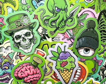 Pack of 50 Gothic Skull Stickers, Green Zombie Stickers, Creepy Horror Stickers, Waterproof Stickers for Laptop, Helmet, Skateboard