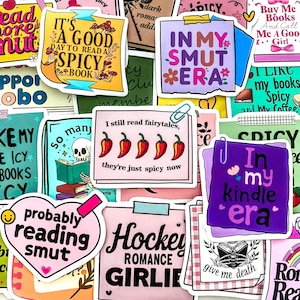 May include: A collection of colorful stickers with various text and graphic designs. Some stickers feature phrases like "In my smut era," "It's a good day to read a spicy book," and "Probably reading smut." Other stickers have images of books, chili peppers, and a skull.