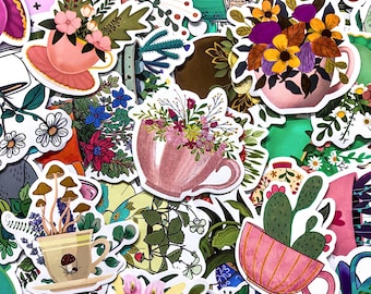 Pack of 50 Botanical Stickers, Tea Cup Flower Stickers, Cute Succulent Stickers, Waterproof Garden Plant Stickers for Journal,Laptop,Bottle