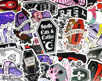 Pack of 50 Coffin Art Stickers, Gothic Skull Stickers, Dark Reaper Stickers, Cross and Bat Stickers, Waterproof Occult Sticker for Scrapbook