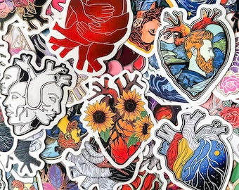 Pack of 50 Heart Art Stickers, Anatomical Design Stickers, Medical Science Stickers, Waterproof Artistic Stickers for Journal, Scrapbook