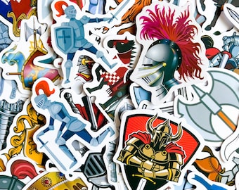 Pack of 50 Medieval Stickers, Knight Warrior Stickers, Sword Battle Stickers, Waterproof Armor Shield Stickers for Laptop, Scrapbook, Helmet