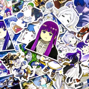Paquete de 50 pegatinas de anime Frieren, pegatinas de elfo mago, pegatinas de personajes de fantasía, pegatinas impermeables para diario, portátil y cuaderno.