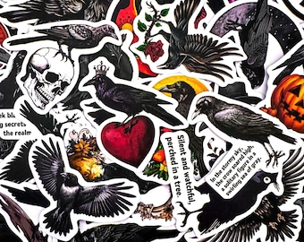 Pack of 50 Raven Stickers, Gothic Crow Stickers, Dark Skull Stickers, Witchy Stickers, Waterproof Stickers for Journal, Scrapbook, Laptop