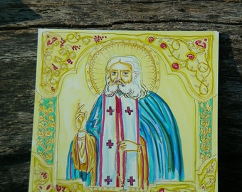 St. Seraphhim of Sarov Orthodox Icon w Watercolor effects and border, 6x6