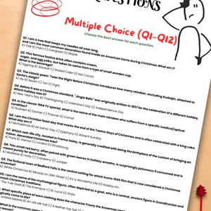 May include: A printed sheet with multiple-choice questions about Christmas traditions and trivia. The text includes questions about reindeer, holiday drinks, and festive decorations. The paper has a festive theme.