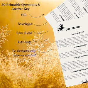 May include: A printable quiz sheet with the title "30 Printable Questions & Answer Key." The quiz includes sections for multiple choice, true/false, open-ended, and lightning round questions. The background is a golden color.
