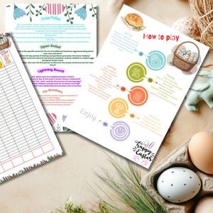 May include: An Easter-themed image featuring a fun quiz with instructions, a score sheet, and decorative elements. A red circle with the text "FUN QUIZ FOR EASTER" is visible. The image includes a ceramic bunny, eggs, and a carton.