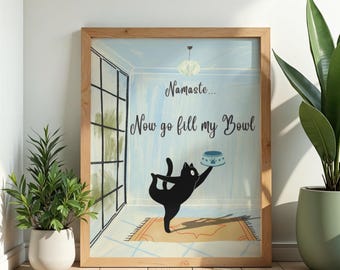 Arte de pared de yoga con gato negro divertido Namaste Fill My Bowl Descarga digital Impresión