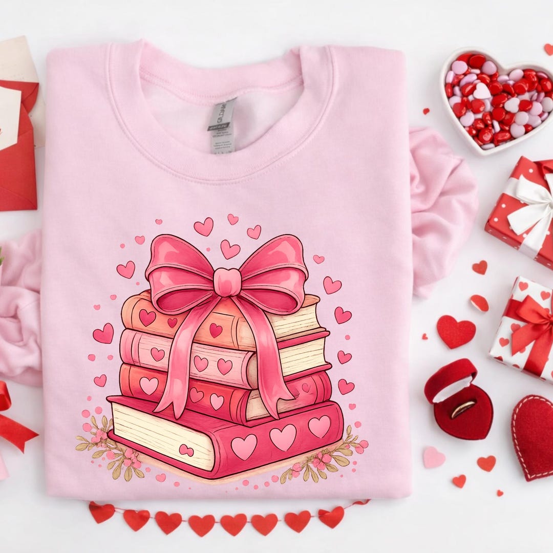 Valentine Book Lover PNG Design, Pink Stacked Books With Bow ...